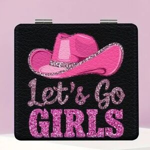 Cowgirl Hat "let's go girls" Compact Magnifying Mirror Pink & Black